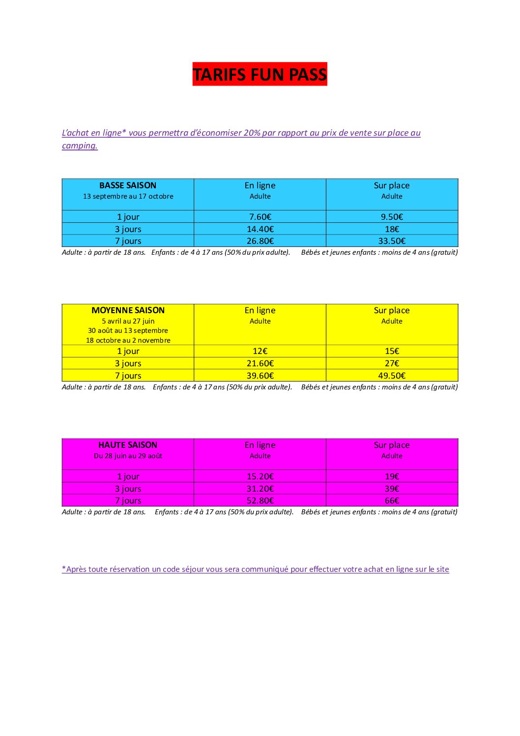 TARIFS FUN PASS 2025